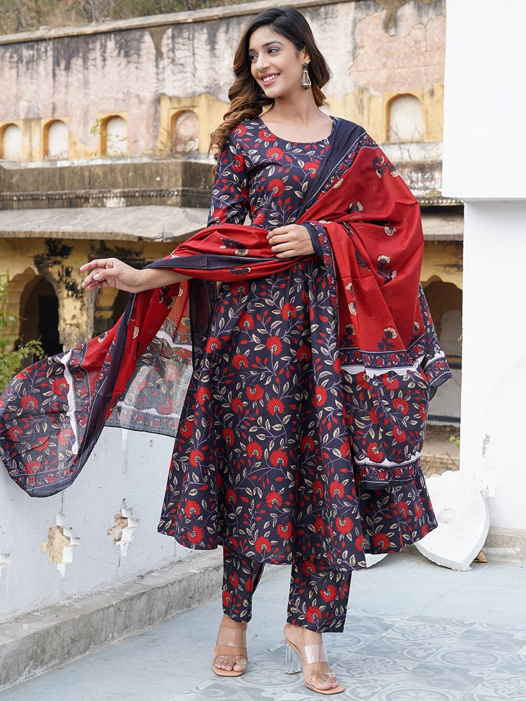 Kalini Floral Printed Anarkali Pure Cotton Kurta with Trousers & Dupatta - Distacart