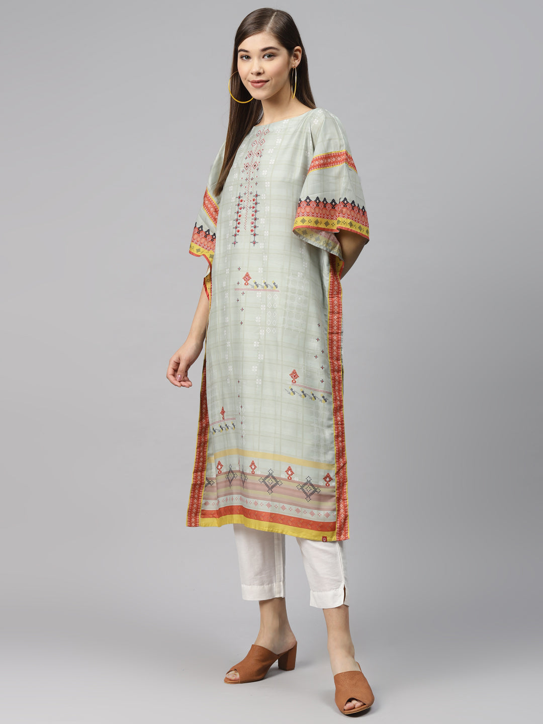 Biba Women Sea Green & Orange Printed Kaftan Kurta - Distacart