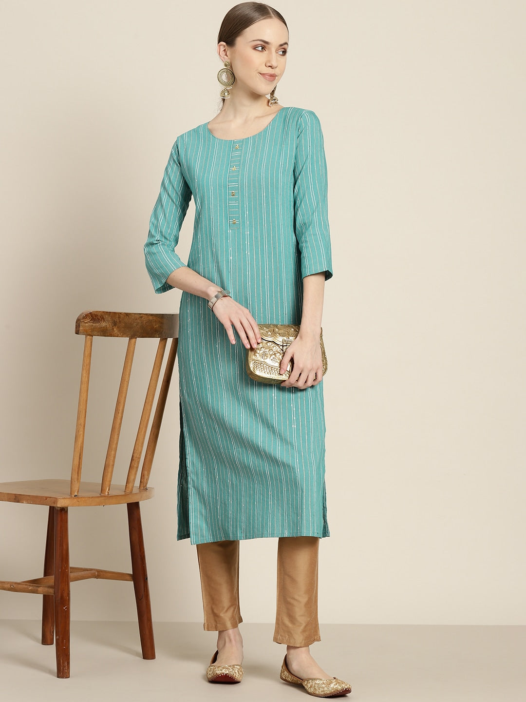 Sangria Women Sea Green & White Striped Sequin Detail Kurta - Distacart