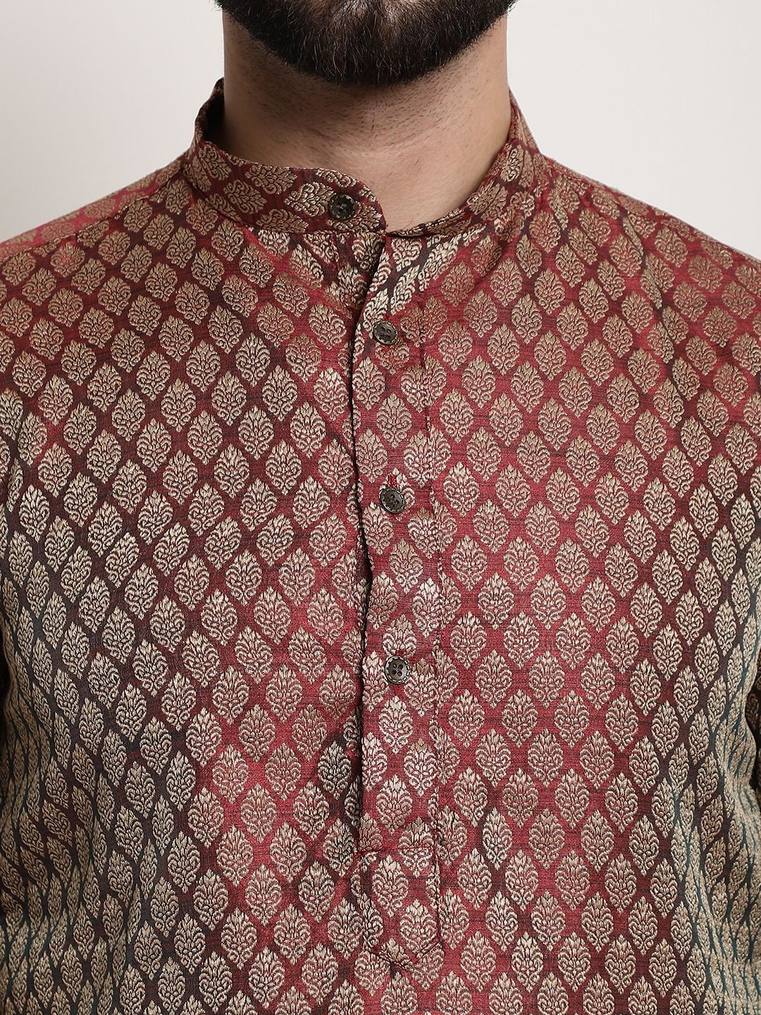 Sojanya Men Maroon & Golden Ethnic Motifs Jacquard Silk Kurta - Distacart