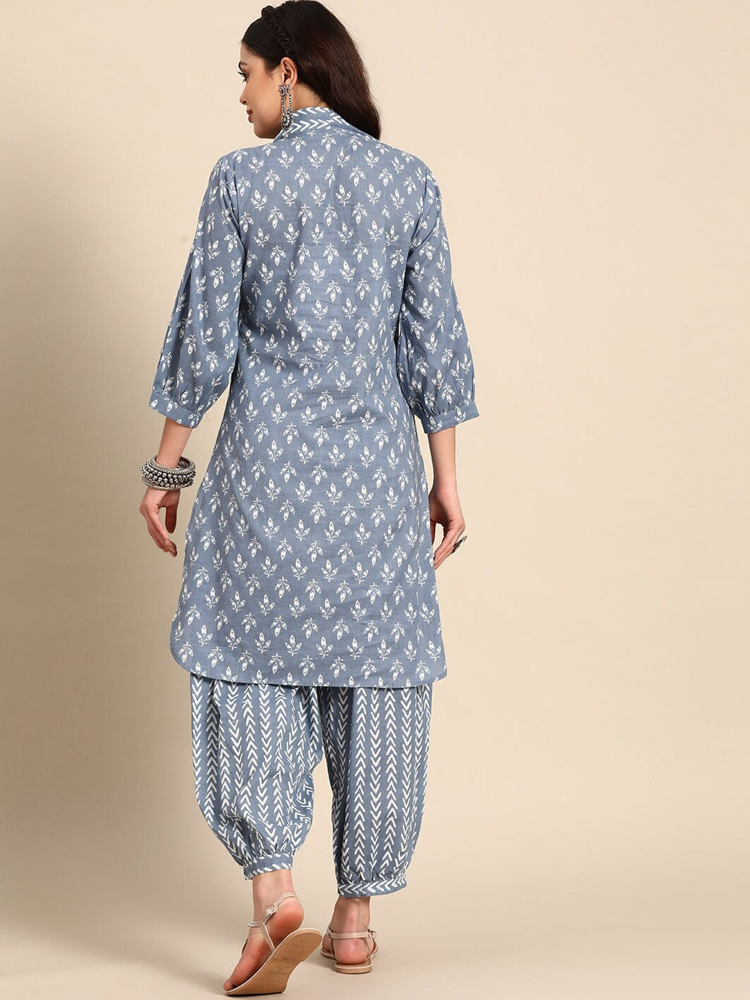 Sangria Blue & White Ethnic Motifs Printed V-Neck Pure Cotton A-Line Kurta With Salwar - Distacart
