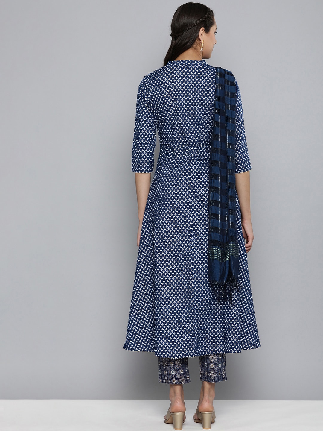 HERE&NOW Women Navy Blue Ethnic Motifs Printed Pure Cotton Kurta with Trousers & With Dupatta - Distacart