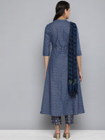 Thumbnail for HERE&NOW Women Navy Blue Ethnic Motifs Printed Pure Cotton Kurta with Trousers & With Dupatta - Distacart