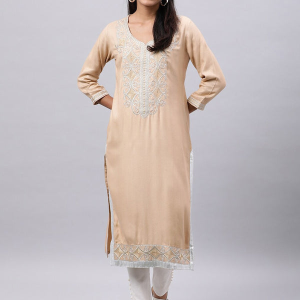 Souchii Beige & shifting sand Thread Work Grandeur & Majestic Artwork Kurta - Distacart