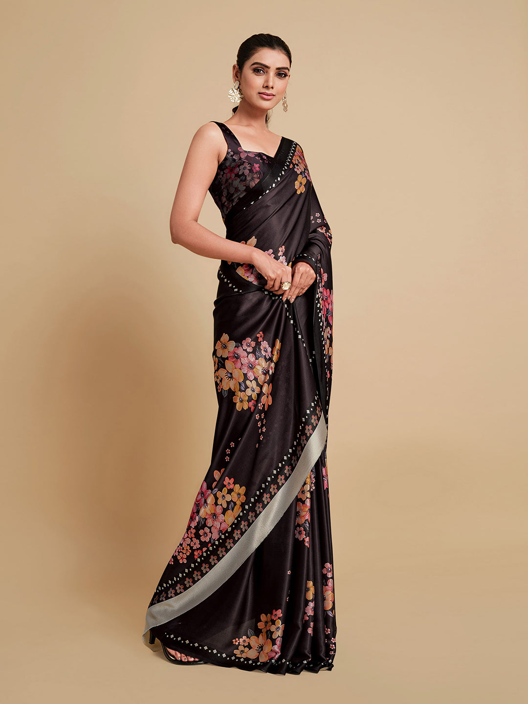 Sangria Black & Burgundy Floral Zari Satin Saree - Distacart