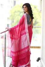 Thumbnail for Very Much Indian Pure Organic Linen Saree – Bright Pink (Hand-Dyed) - Distacart