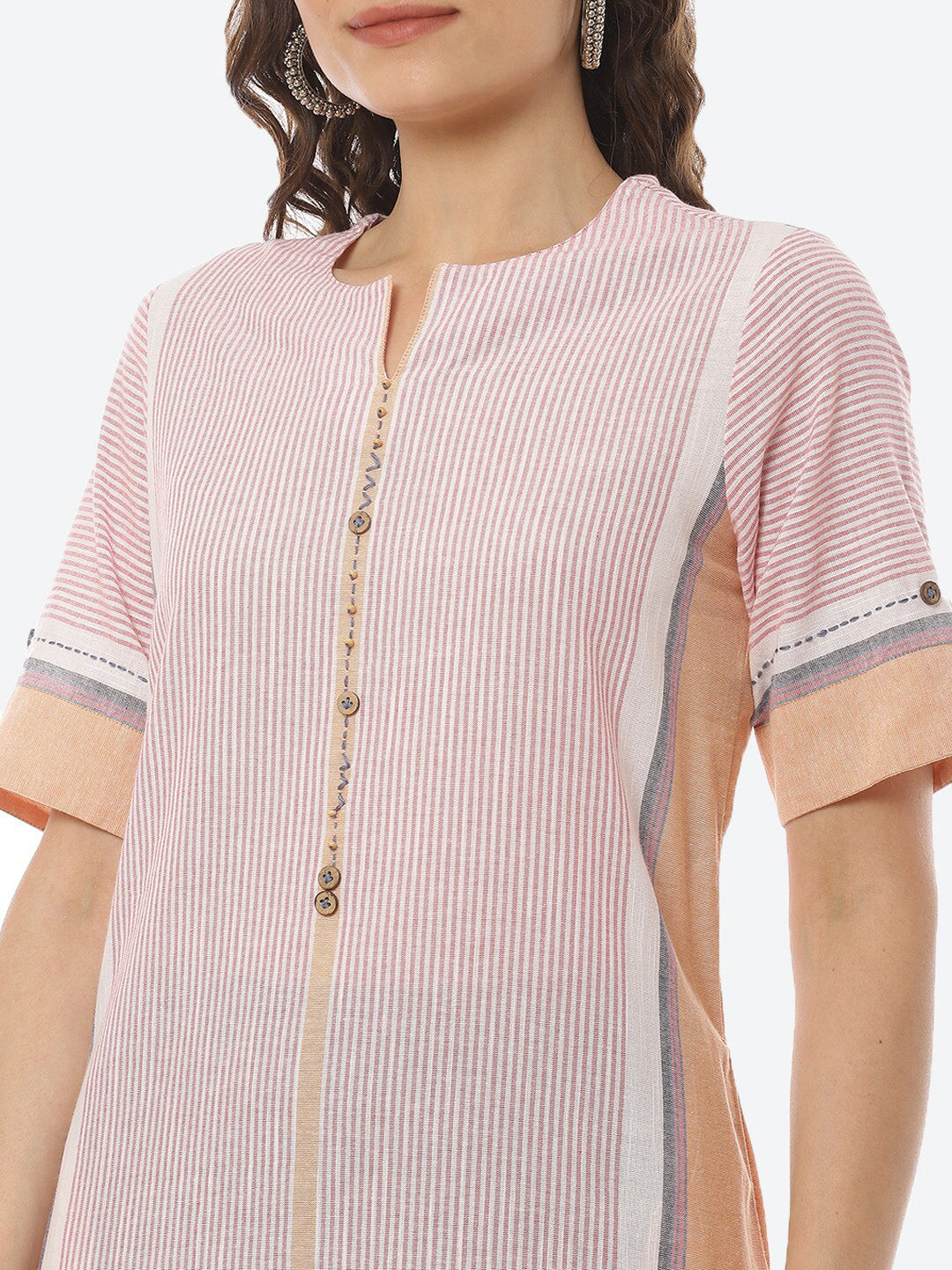 Biba Women Peach-Coloured Striped Thread Work Kurta - Distacart