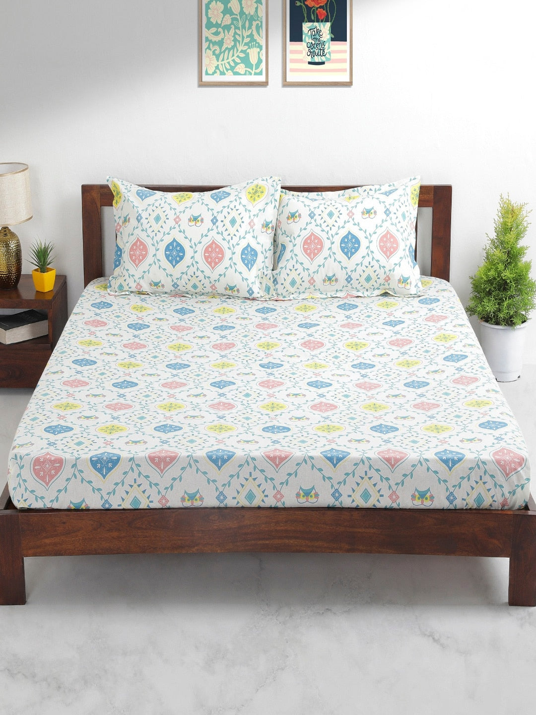 Chumbak White & Blue Ethnic Motifs 136 TC Cotton 1 Queen Bedsheet with 2 Pillow Covers - Distacart