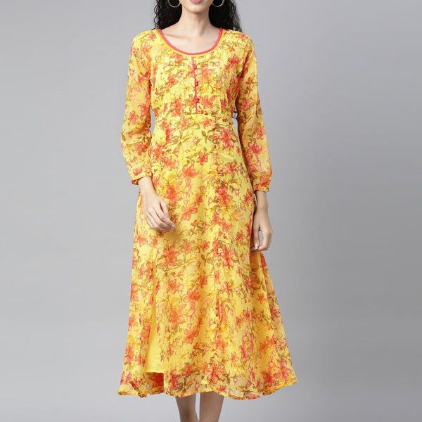 Souchii Yellow Floral Layered Chiffon A-Line Midi Dress - Distacart