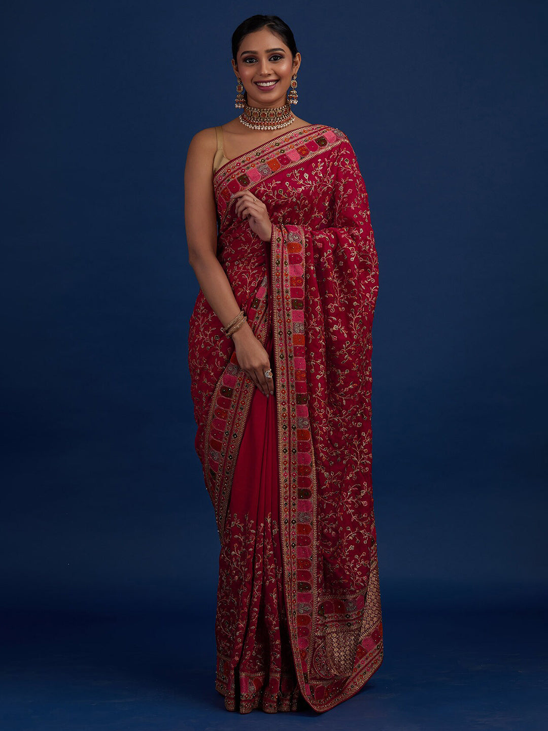 Koskii Pink Floral Embroidered Designer Art Silk Saree - Distacart