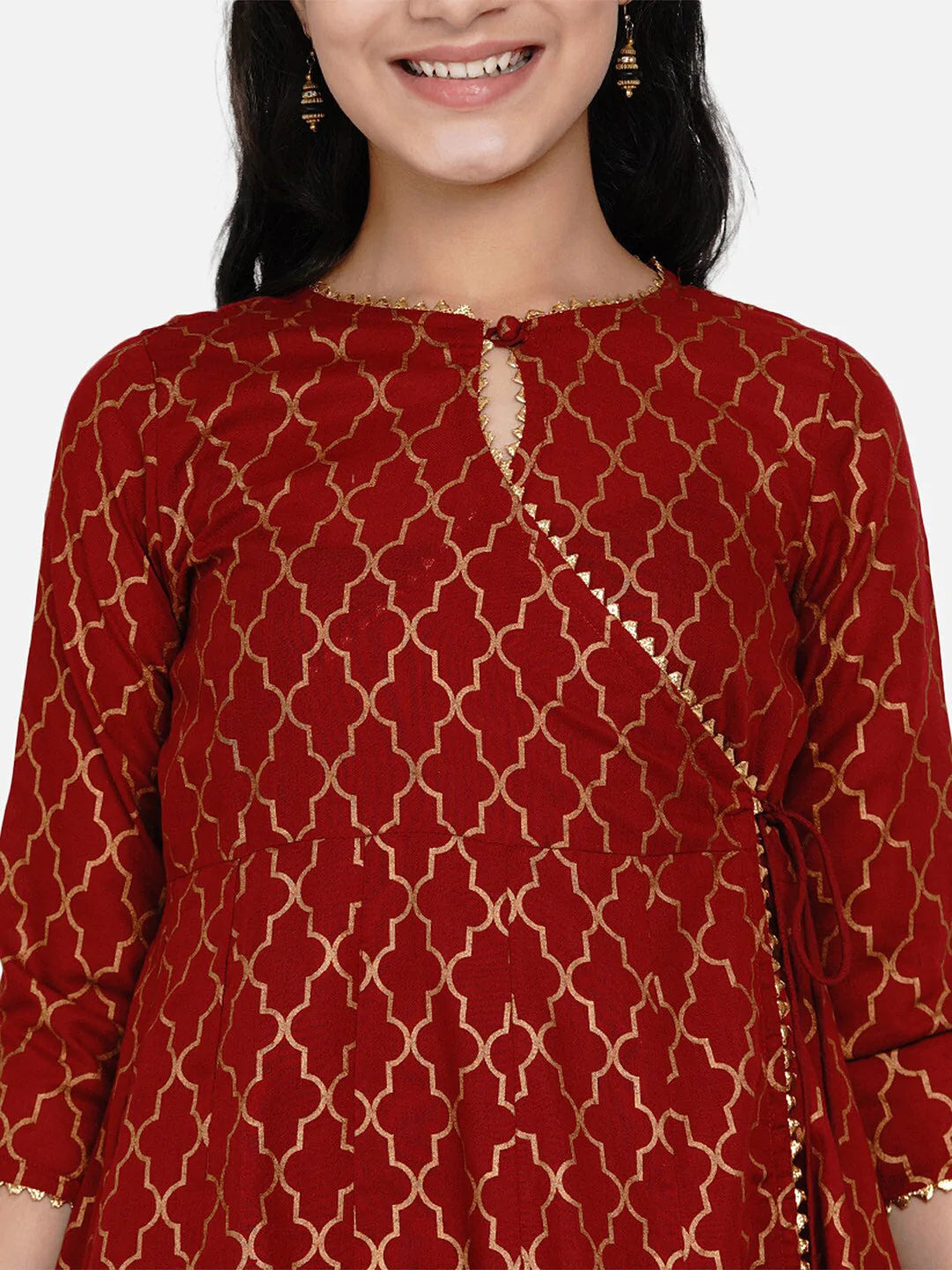 NOZ2TOZ Maroon & Gold Ethnic Motifs Foil Print Anarkali Kurta With Palazzos For Girls - Distacart