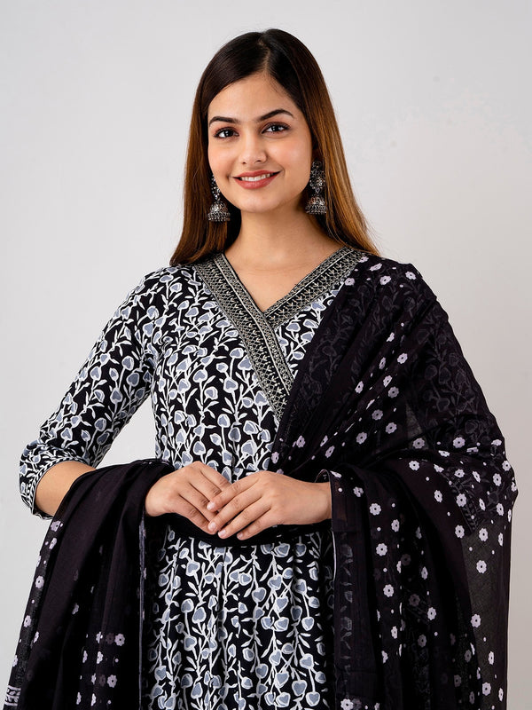 Kalini Women Floral Printed Angrakha Pure Cotton Kurta with Trousers & With Dupatta - Distacart