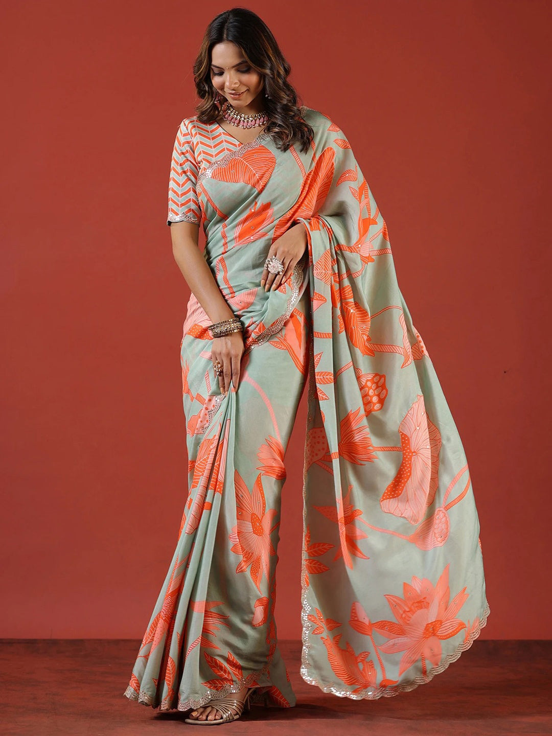 Sangria Sea Green Floral Printed Zari Saree - Distacart
