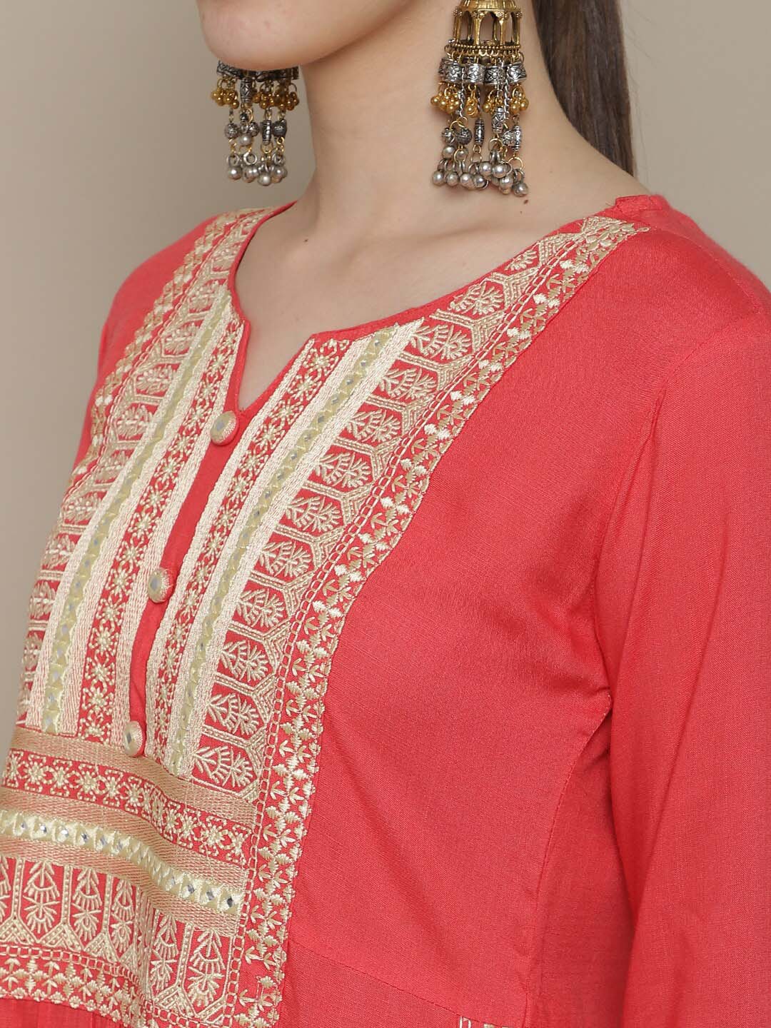 Sangria Women Coral Ethnic Motifs Yoke Design Kurta - Distacart