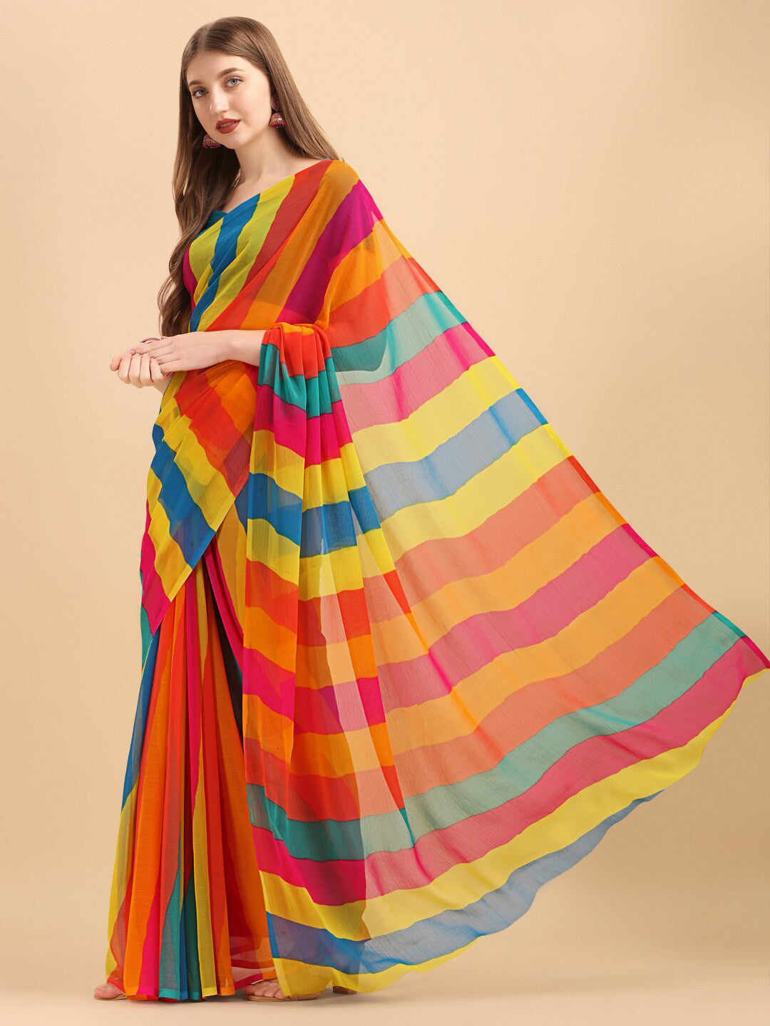 Sangria Yellow & Turquoise Blue Colourblocked Pure Chiffon Saree - Distacart