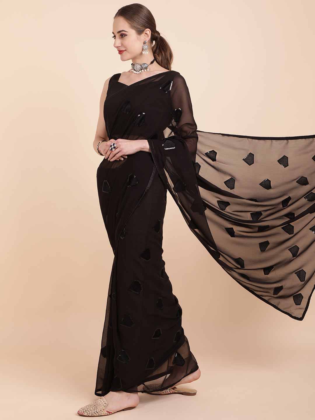 Sangria Black Embellished Sequinned Pure Georgette Saree - Distacart