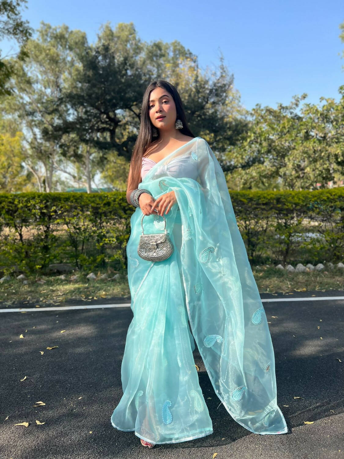 Vastrasky Sky Blue Organza Saree - Distacart