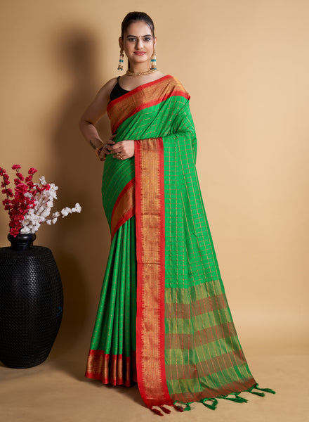 NOZ2TOZ Women's Party Wear Designer Green Color Chex Pattern Silk Blend Saree - Distacart