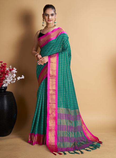 NOZ2TOZ Women's Party Wear Designer Light Green Color Chex Pattern Silk Blend Saree - Distacart