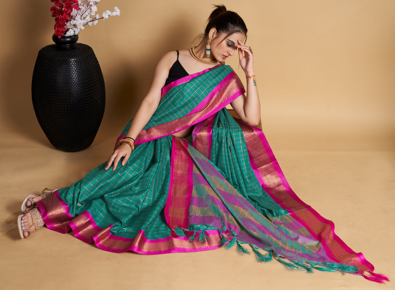 NOZ2TOZ Women's Party Wear Designer Light Green Color Chex Pattern Silk Blend Saree - Distacart