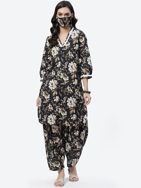 Biba Women Black Ethnic Motifs Printed Straight Pure Cotton Kurta with Salwar - Distacart
