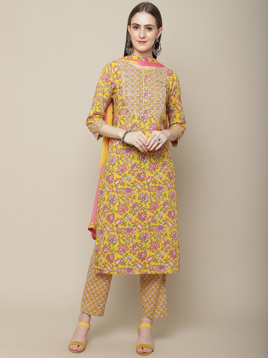 Sangria Women Yellow Printed Gotta Patti Pure Cotton Kurta with Trousers & Dupatta - Distacart