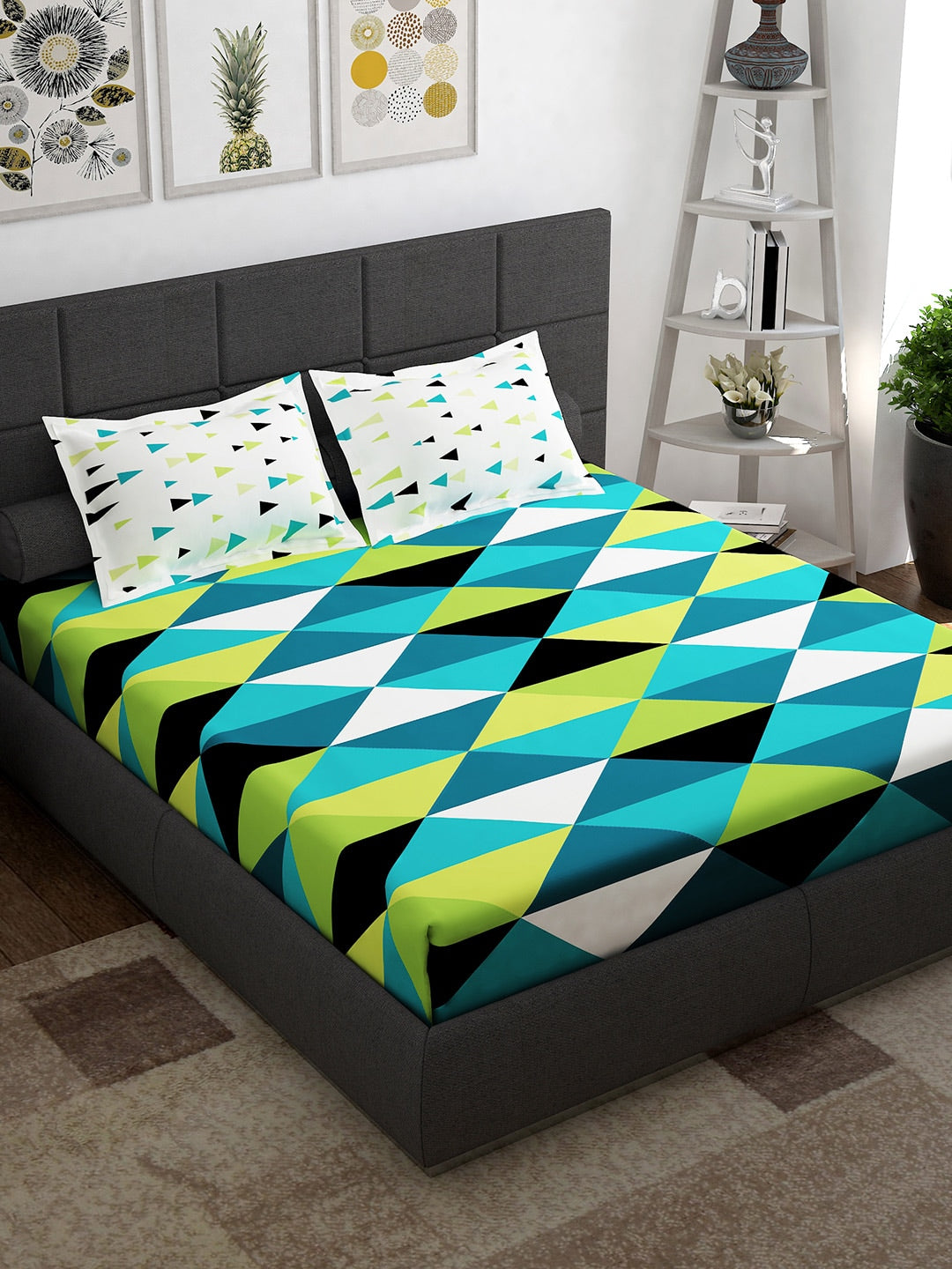 Story@home Ventura Teal & Black Geometric 152 TC Cotton Queen Bedsheet & 2 Pillow Covers - Distacart