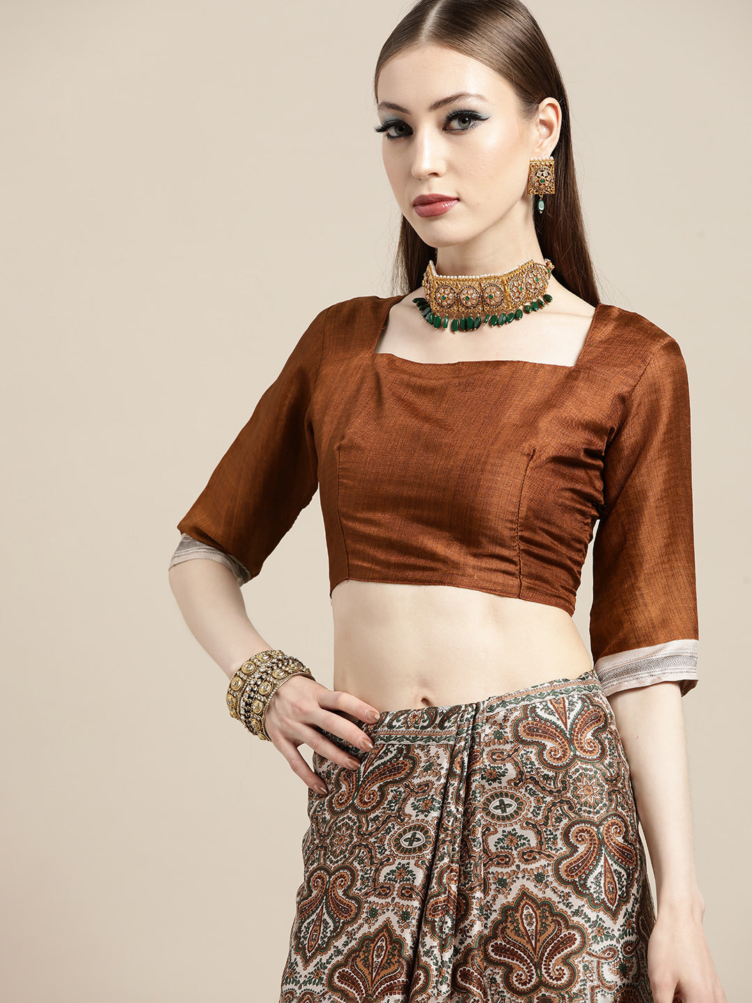 Saree Mall Cream-Coloured & Brown Paisley Printed Pashmina Silk Bagru Saree - Distacart
