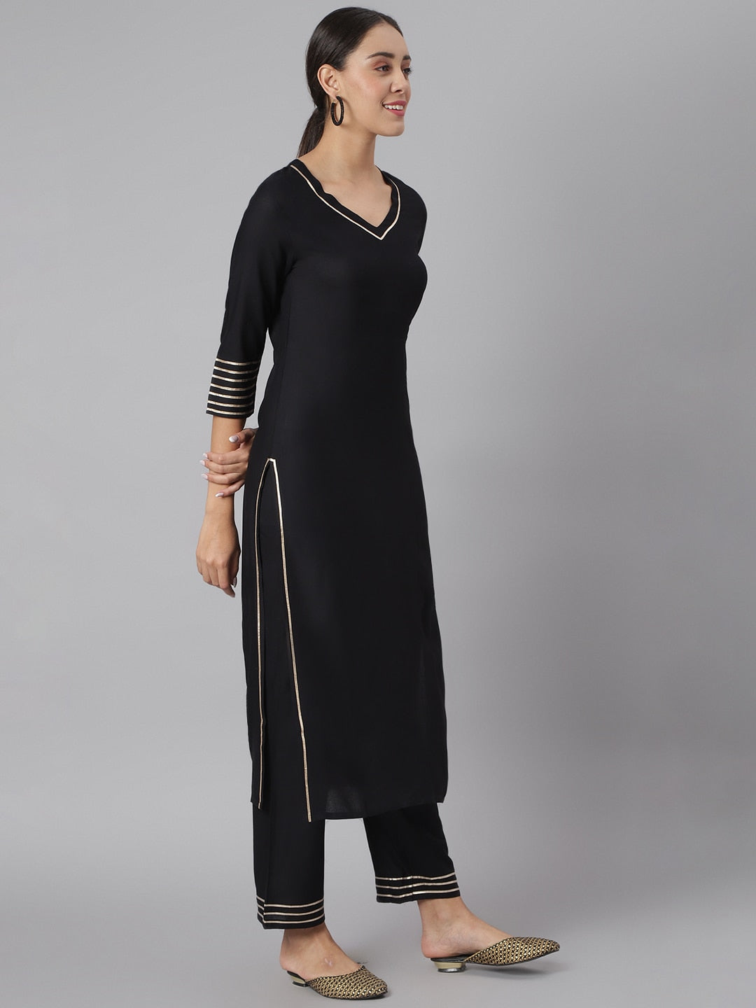 Khushal K Women Black Solid Kurta with Palazzos & Dupatta - Distacart