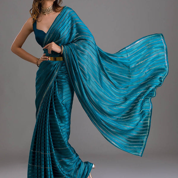 Koskii Blue & Silver-Toned Striped Beads and Stones Saree - Distacart