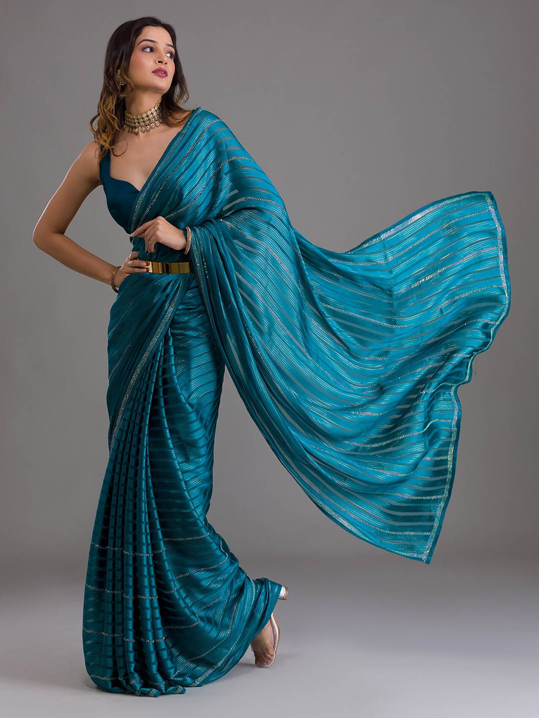 Koskii Blue & Silver-Toned Striped Beads and Stones Saree - Distacart