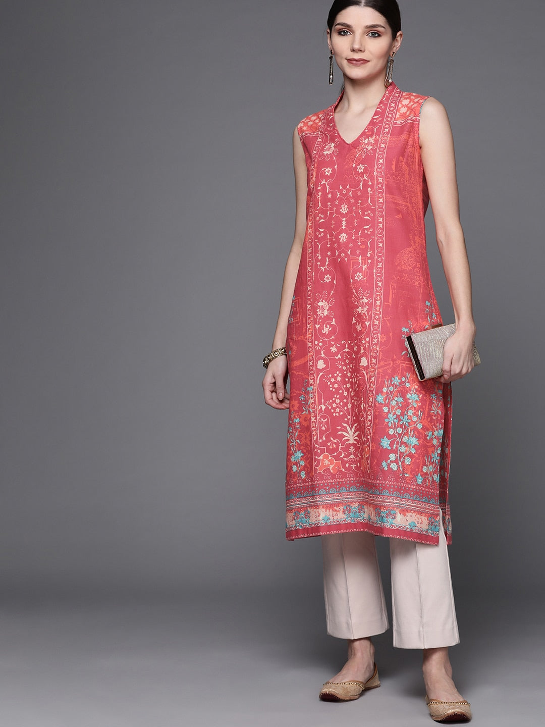 Biba Women Pink Pure Cotton Ethnic Motifs Printed V-Neck Sleeveless Kurta - Distacart