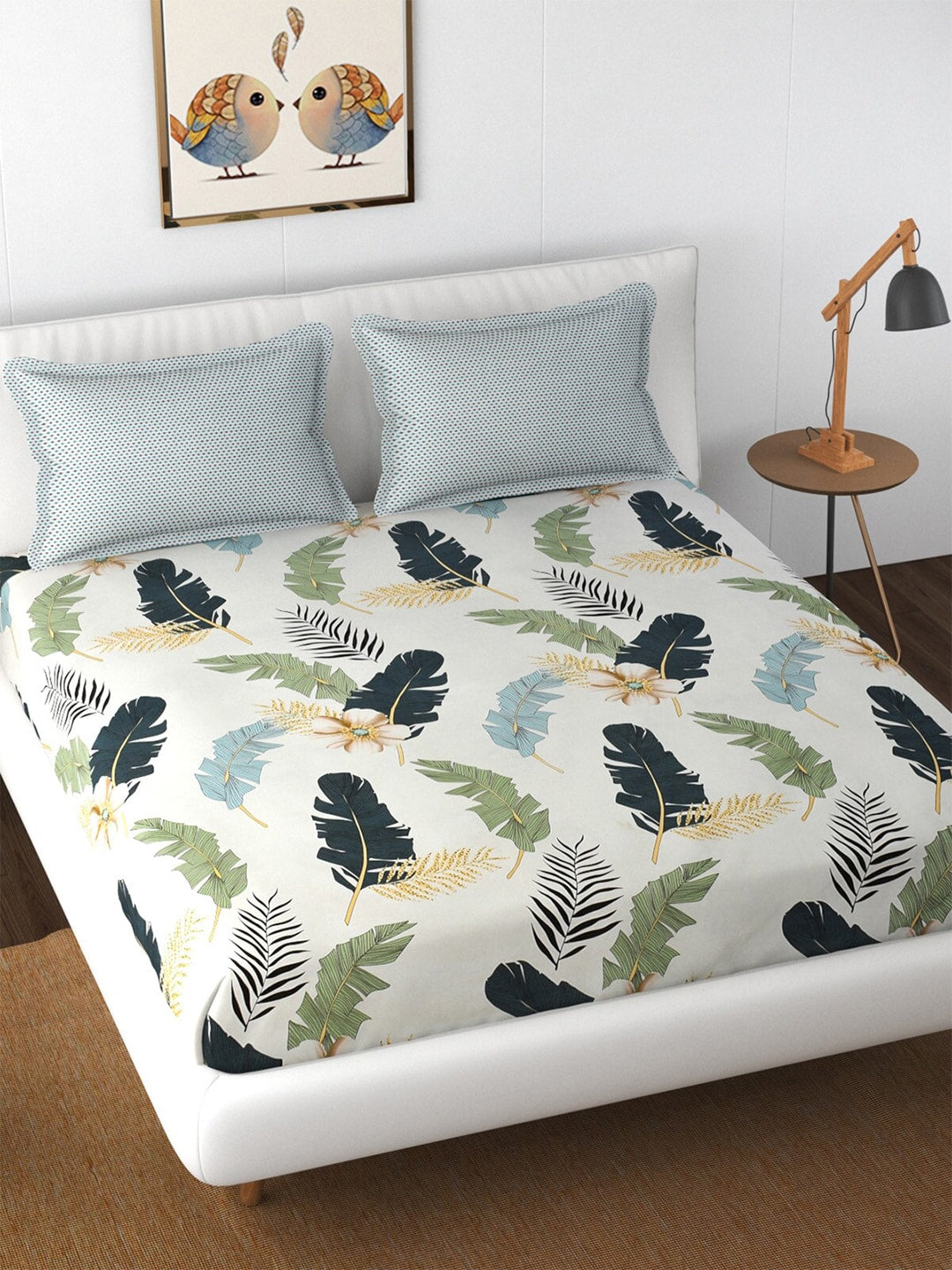 Florida Reeva Off White & Green Floral 180 TC Fitted King Bedsheet With 2 Pillow Covers - Distacart