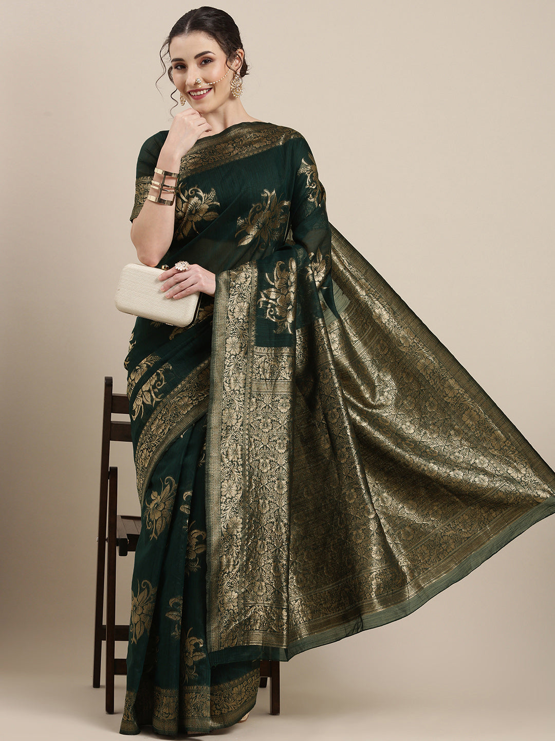 Saree Mall Green Floral Linen Blend Banarasi Saree - Distacart