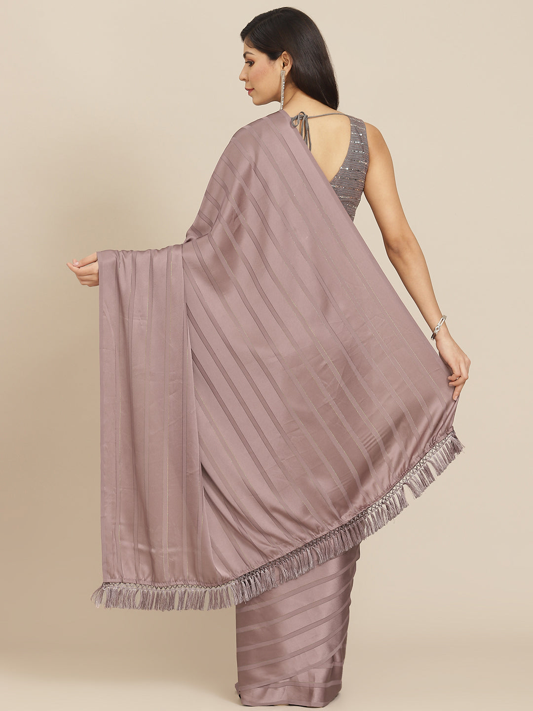 Tikhi Imli Gunmetal-Toned Striped Saree - Distacart