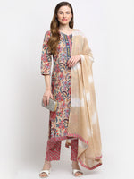 Thumbnail for Kalini Women Beige Floral Printed Pleated Thread Work Pure Cotton Kurti with Trousers & With Dupatta - Distacart