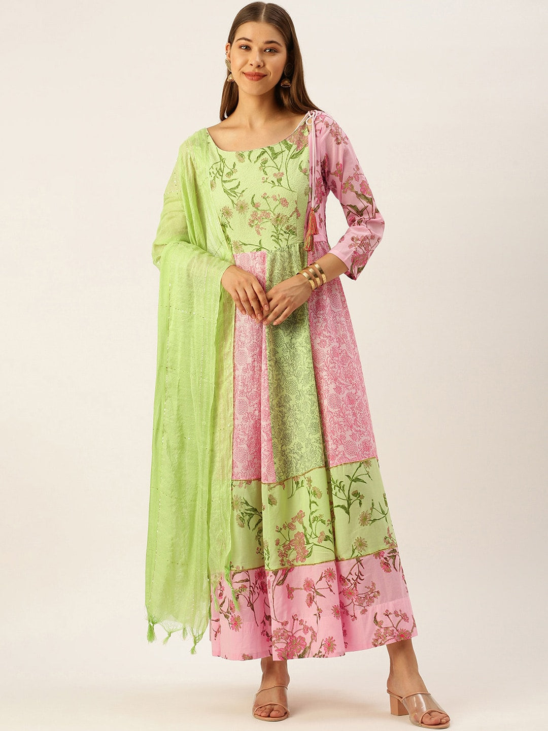 HERE&NOW Women Green & Pink Floral Printed Anarkali Cotton Kurta With Dupatta - Distacart