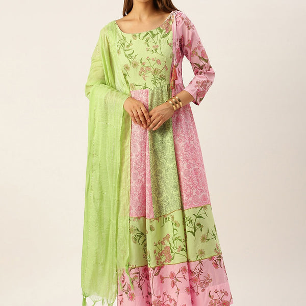 HERE&NOW Women Green & Pink Floral Printed Anarkali Cotton Kurta With Dupatta - Distacart