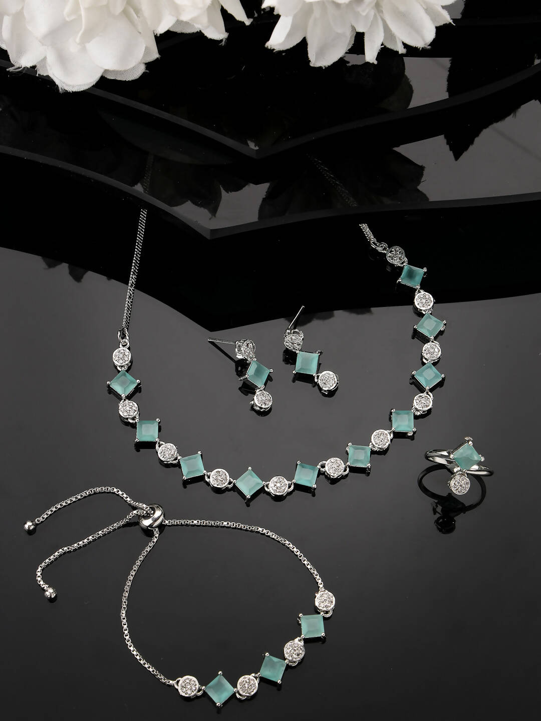 NVR Women Silver Plated & Blue Cz Stone Handcrafted Jewellery Set - Distacart