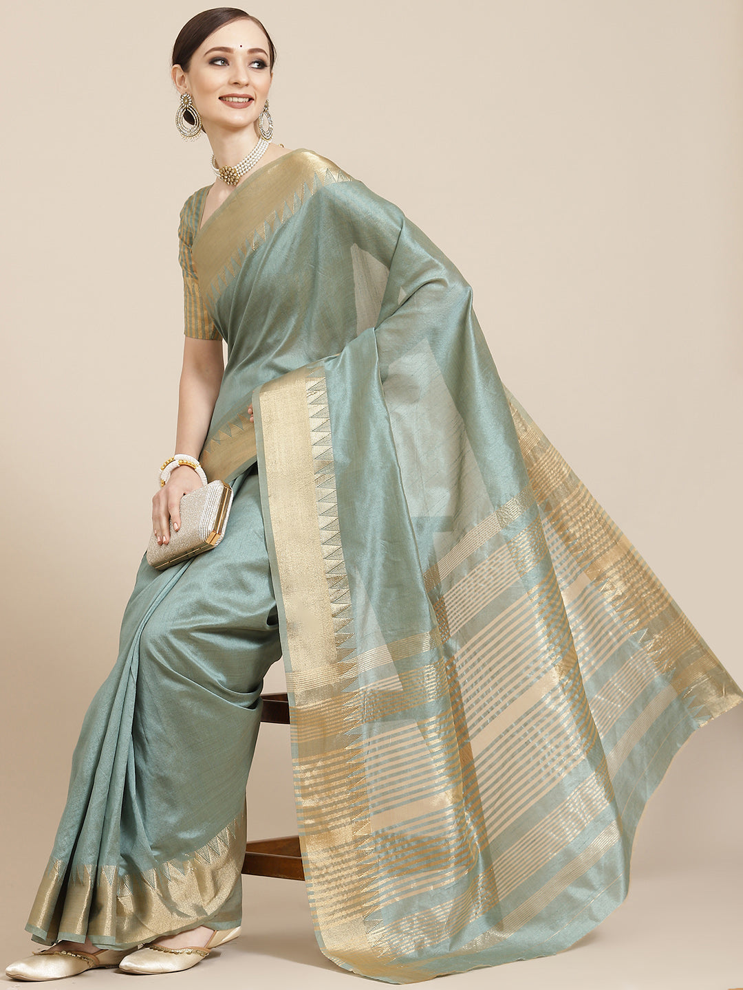 Kalini Green & Golden Solid Woven Design Saree - Distacart