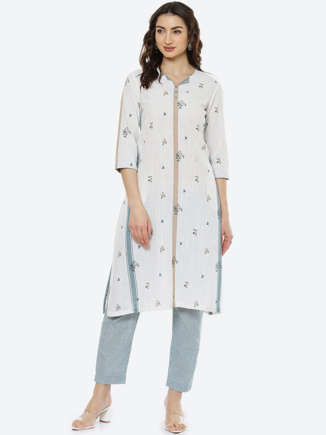 Biba Women White & Blue Printed Pure Cotton Kurta with Trouser - Distacart