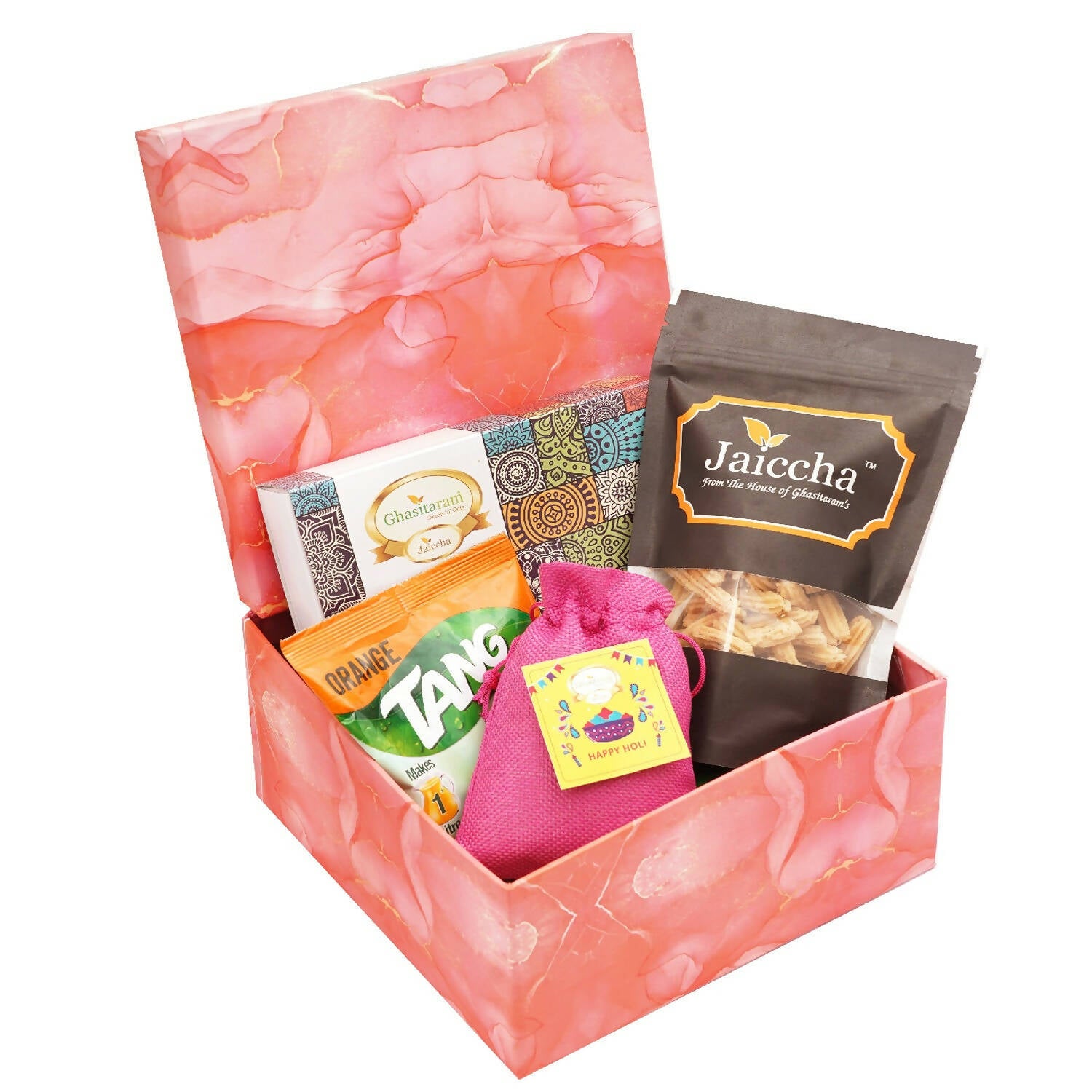 Ghasitaram Colourful Holi Box of Gujiyas, Butter Chakli, and Thandai - Distacart