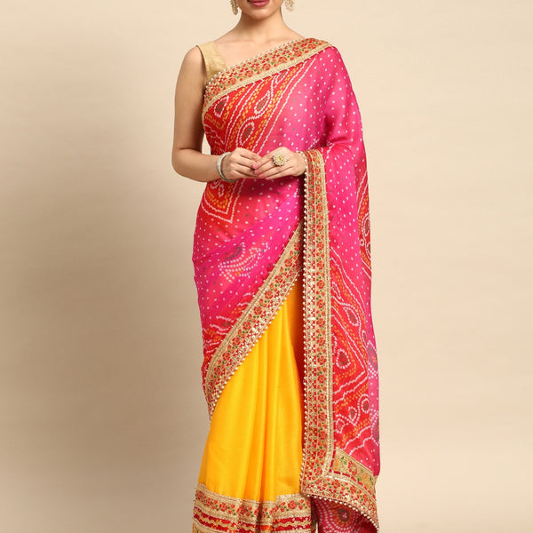 Mitera Bandhani Gotta Patti Pure Chiffon Saree - Distacart