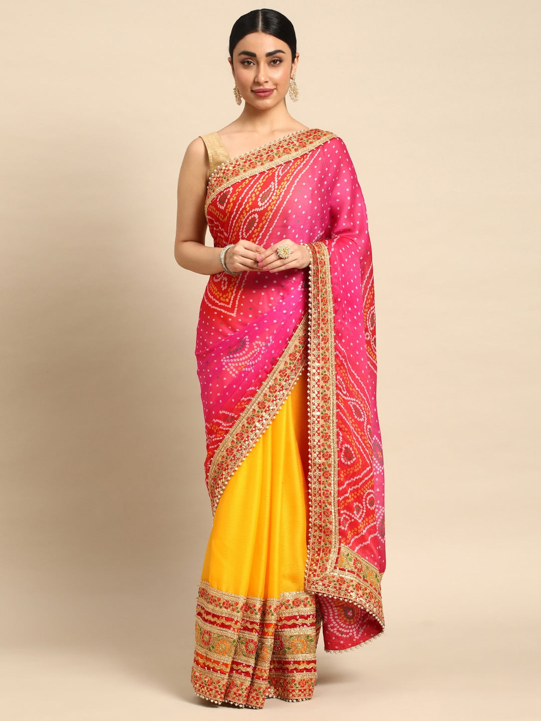 Mitera Bandhani Gotta Patti Pure Chiffon Saree - Distacart