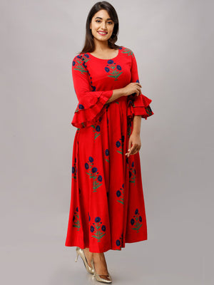 Kalini Women Red & Navy Blue Floral Printed Flared Sleeves Anarkali Kurta - Distacart