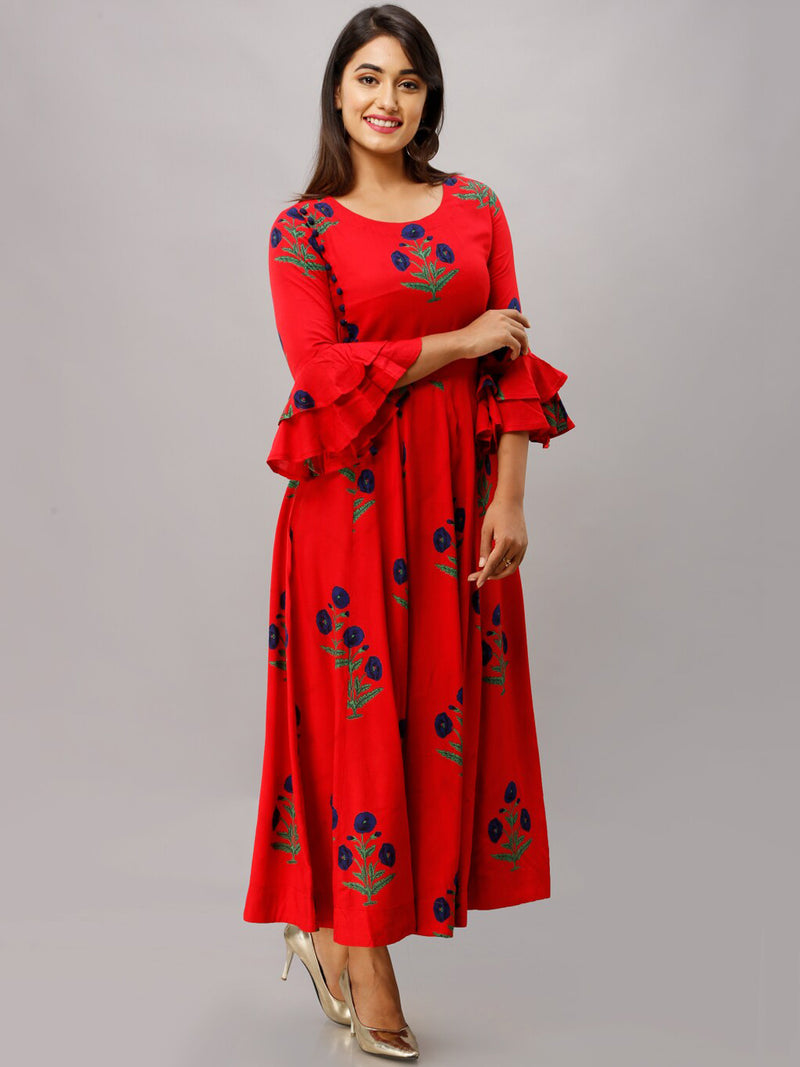 Kalini Women Red &amp; Navy Blue Floral Printed Flared Sleeves Anarkali Kurta - Distacart