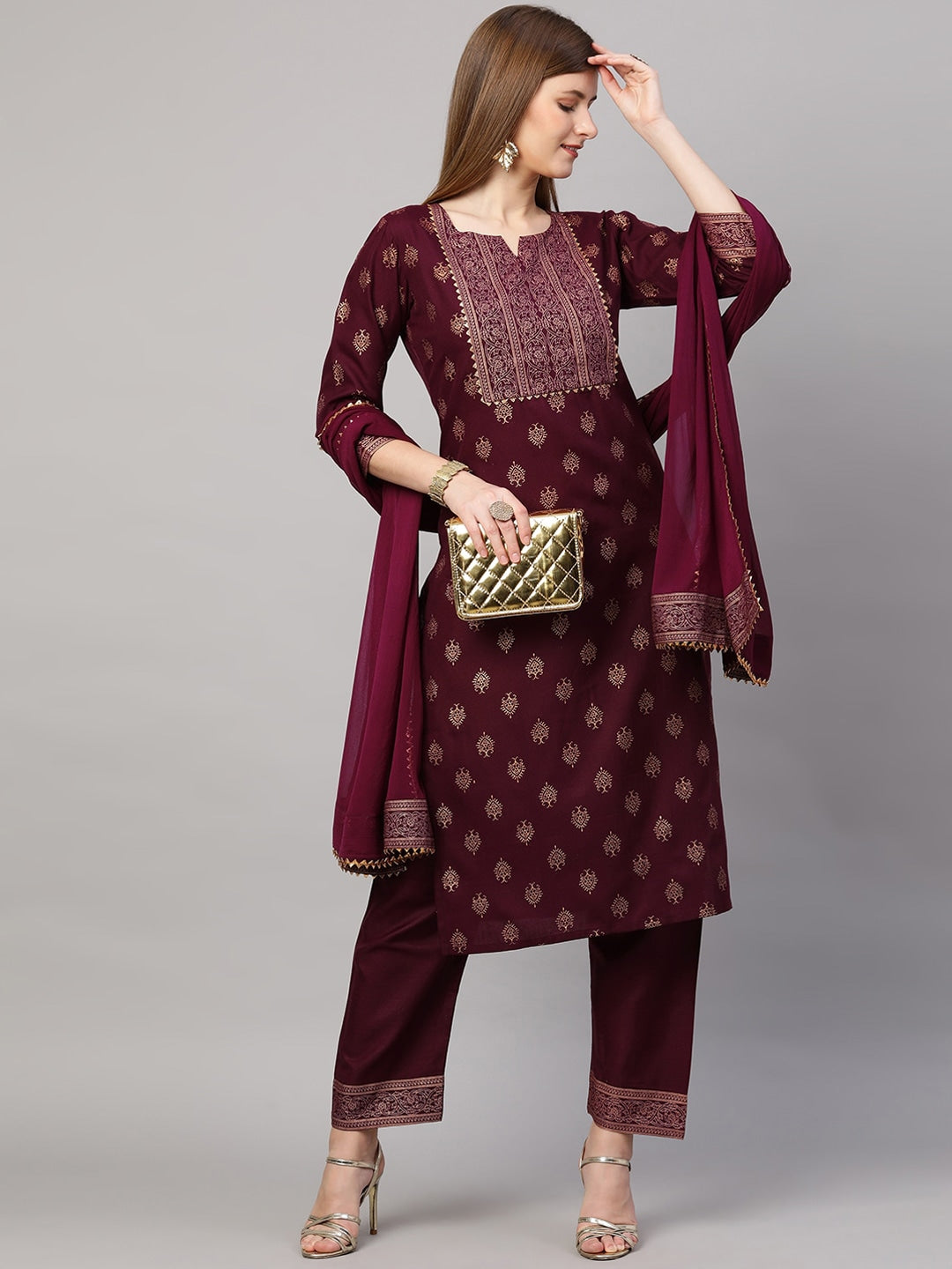 Kalini Women Burgundy Ethnic Motifs Printed Kurta with Trousers & With Dupatta - Distacart
