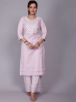 Thumbnail for HERE&NOW Pink Ethnic Motifs Embroidered Sequinned Pure Cotton Kurta with Palazzos - Distacart