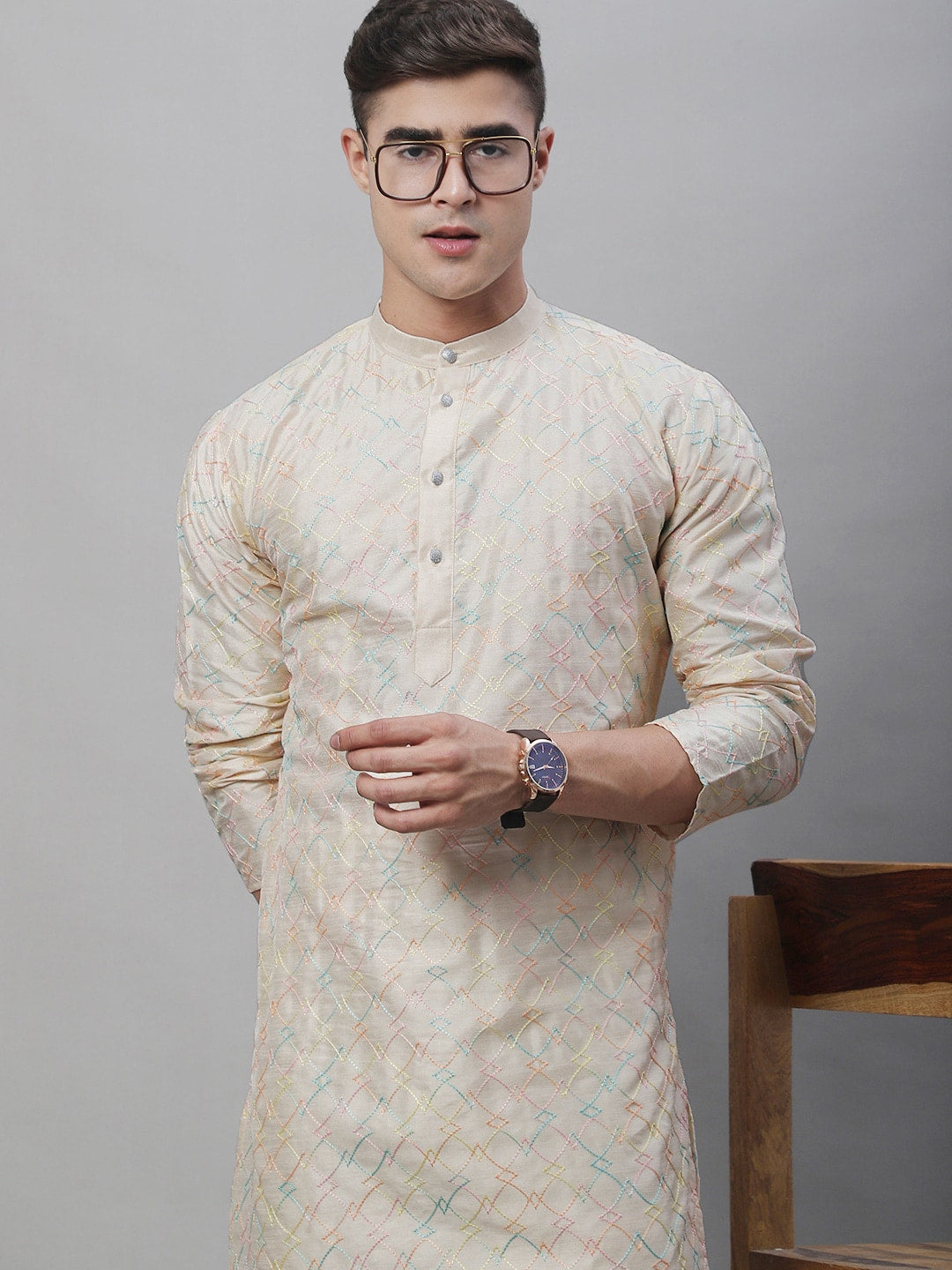 Sojanya Band Collar Embroidered Cotton Silk Kurta - Distacart