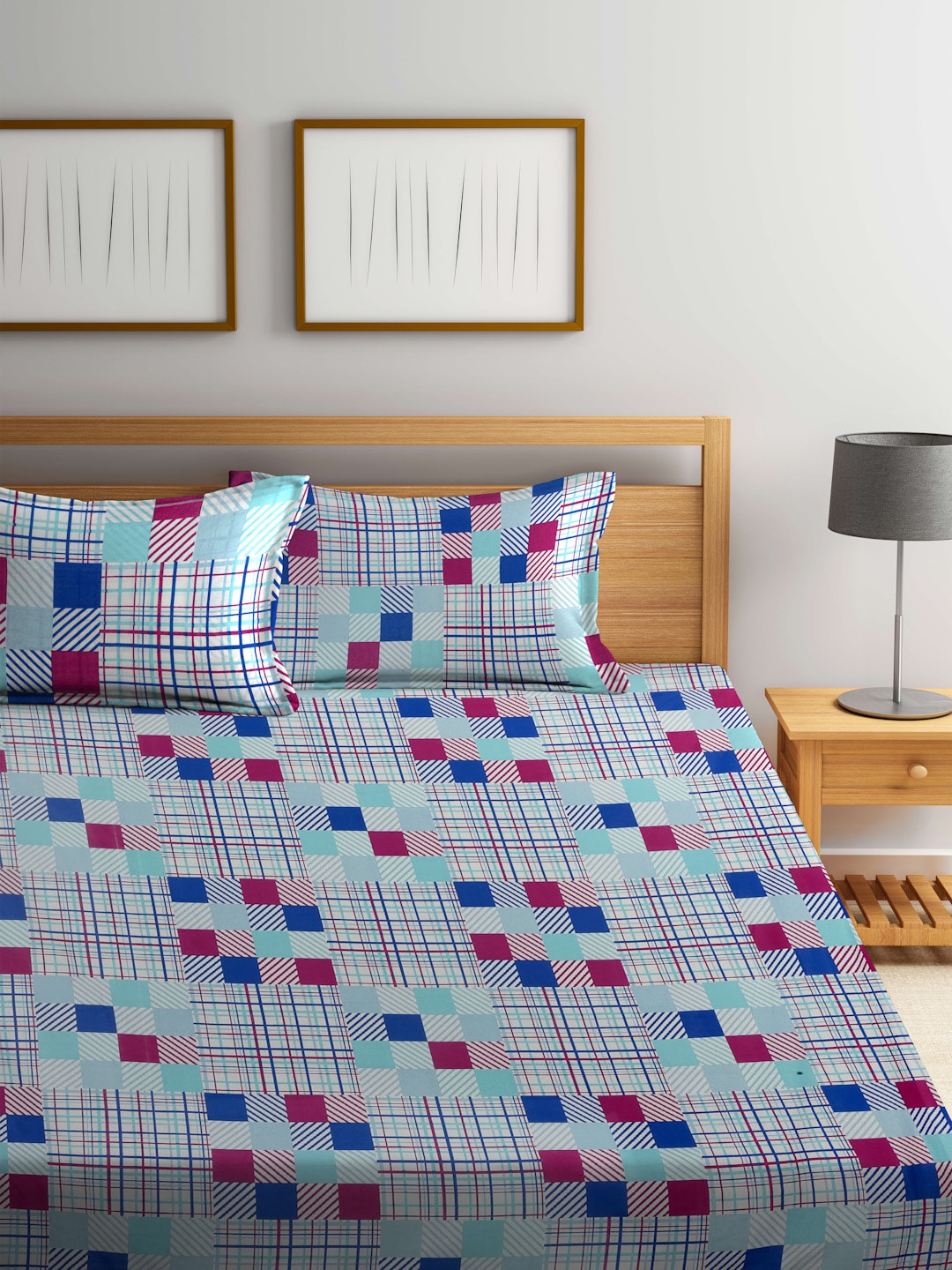 BOMBAY DYEING Marigold Blue Geometric Cotton 104 TC King Bedsheet With 2 Pillow Covers - Distacart